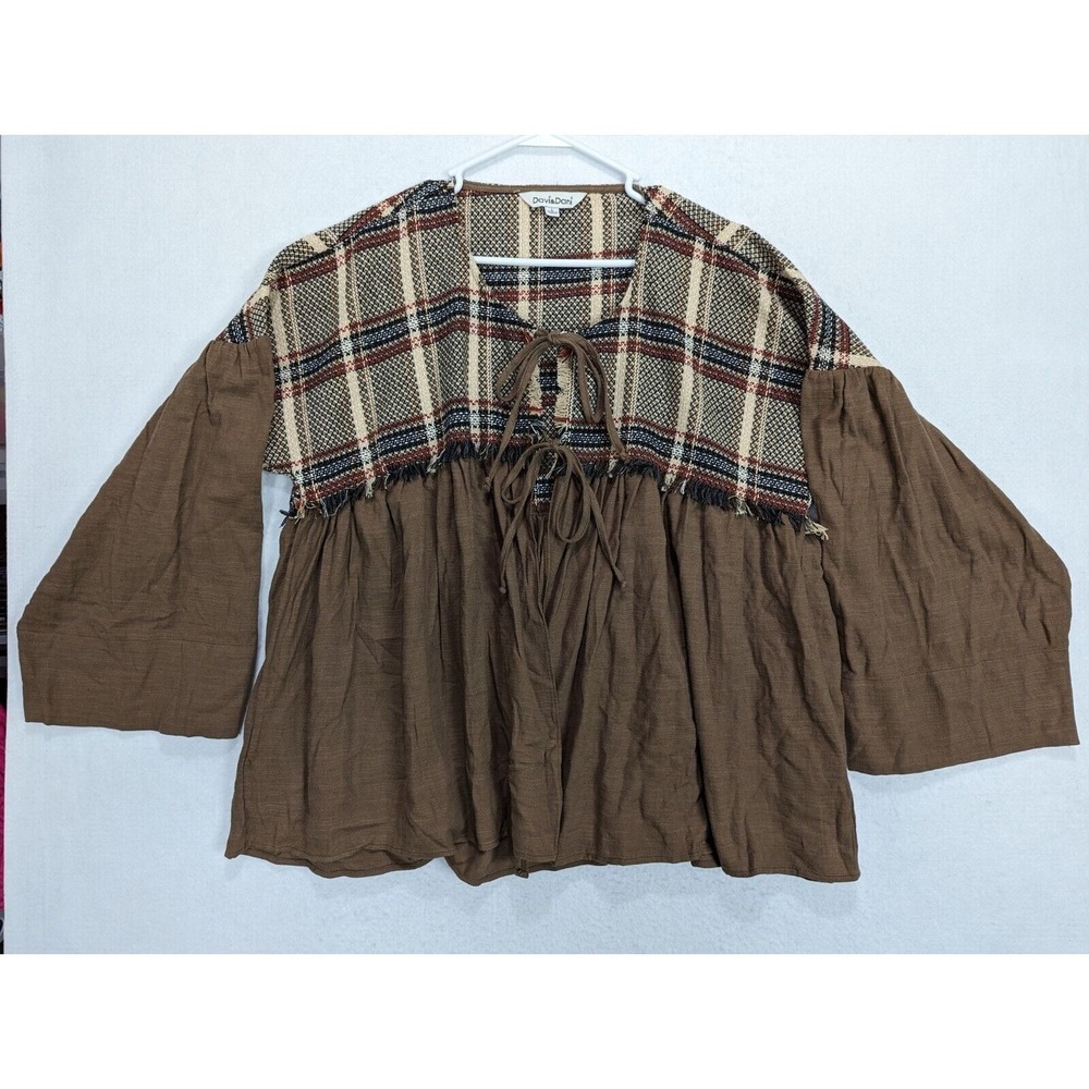 Davi Dani Womens Top Blouse Size L  Long Sleeve Printed Boho Tassel Cotton Blend